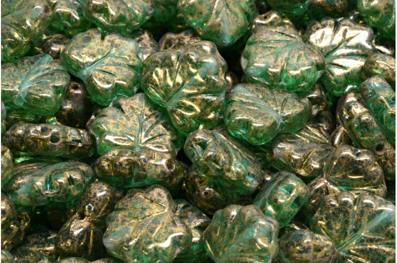 メープルリーフビーズ、透明グリーンテラコッタバイオレット（50420-15496）、ガラス、チェコ共和国