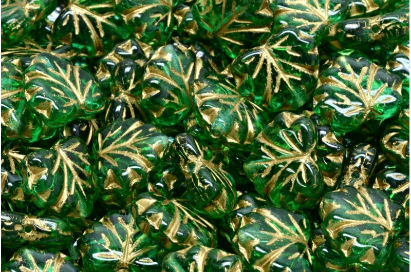 メープルリーフビーズ、透明グリーンゴールドライン（50420-54302）、ガラス、チェコ共和国