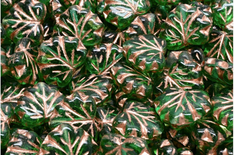 メープルリーフビーズ、透明グリーン銅線入り（50420-54318）、ガラス、チェコ共和国