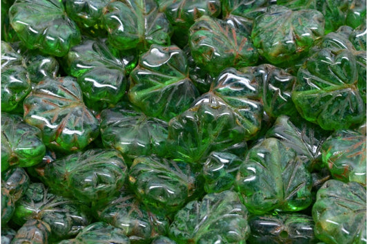 Maple Leaf Beads, Transparent Green Travertin (50420-86800), Glass, Czech Republic