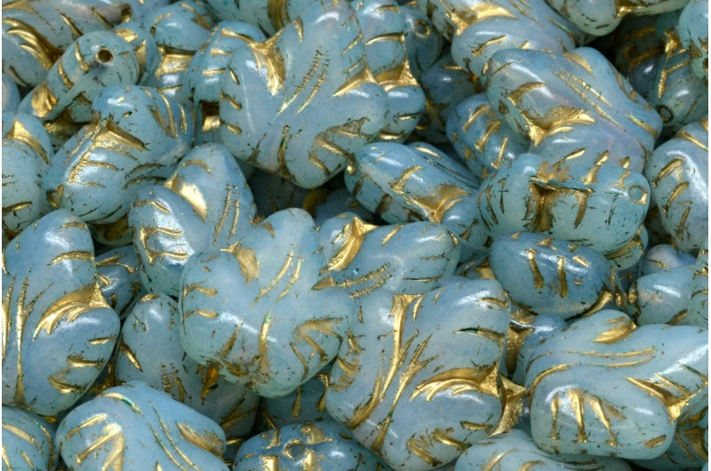 Grape Leaf Beads, Opal White Gold Lined Light Aqua Blue (01000-54302-34308), Glass, Czech Republic