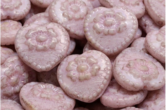 Heart Beads With Rose, White Luster Lila (02010-14494), Glass, Czech Republic