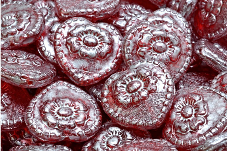 Heart Beads With Rose, Ruby Red Silver Splash (90080-86700), Glass, Czech Republic