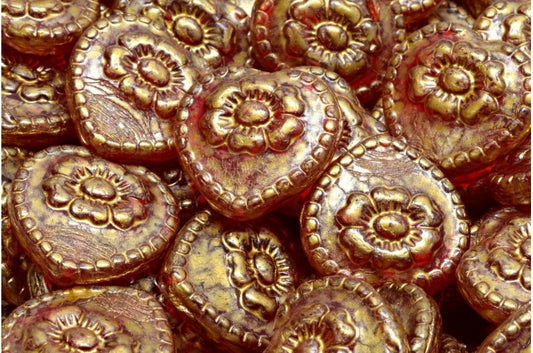 Heart Beads With Rose, Ruby Red Gold Splash (90080-86720), Glass, Czech Republic