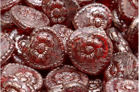 Heart Beads With Rose, Ruby Red Copper Splash (90080-86750), Glass, Czech Republic