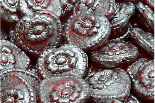 Heart Beads With Rose, Ruby Red Silver Splash (90080-86790), Glass, Czech Republic