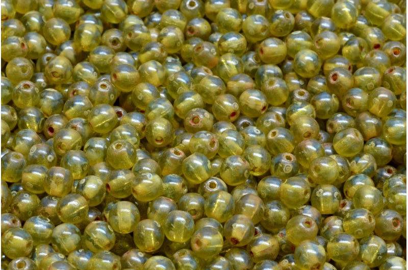 Round Druck Beads, Transparent Green Travertin (50230-86800), Glass, Czech Republic