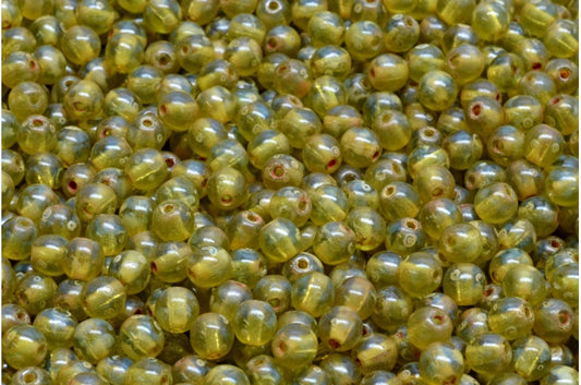 Round Druck Beads, Transparent Green Travertin (50230-86800), Glass, Czech Republic