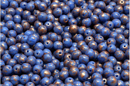 Round Druck Beads, Opaque Blue Copper Splash (33100-94402), Glass, Czech Republic
