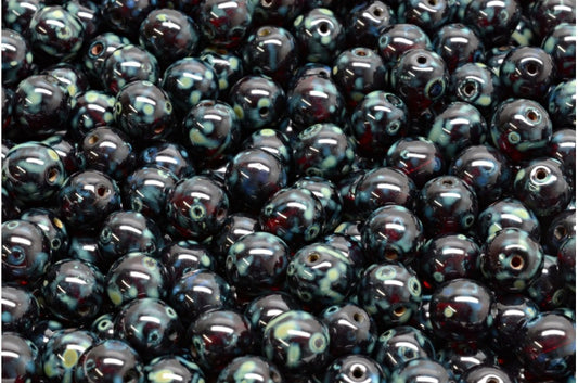 ラウンド Druck ビーズ、透明な赤いトラバーチン (90110-86800)、ガラス、チェコ共和国