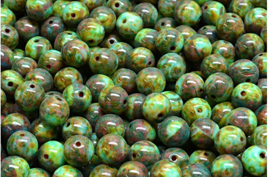 Round Druck Beads, Green Purple Travertin Light Turquoise (95000-86800-34309), Glass, Czech Republic