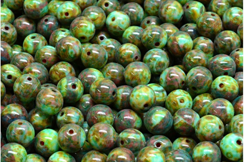 奥特莱斯 10克圆形Druck珠，6 x 6毫米，绿紫色石灰华浅绿松石色 (95000-86800-34309)，玻璃，捷克共和国
