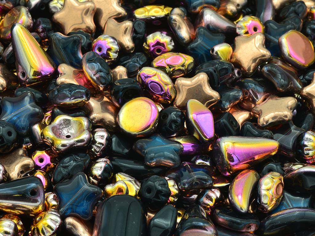 One Color Mix of Pressed Beads, Black Capri Gold (23980-27137), Glass, Czech Republic