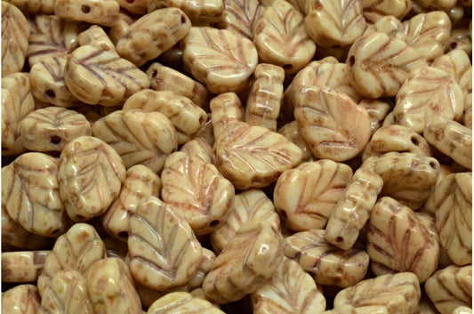 薄荷叶珠，白色石灰华米色石灰华斑点（02010-86800-33301），玻璃，捷克共和国