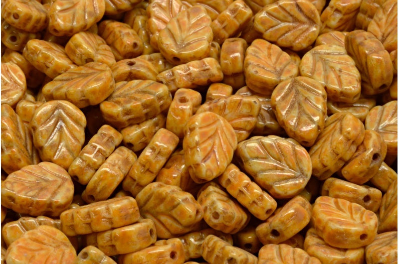 Mint Leaf Beads, White Travertin Orange Spotted (02010-86800-33302), Glass, Czech Republic