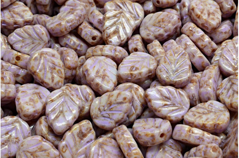 ミントリーフビーズ、ホワイトトラバーチン、コールドパープルスポット（02010-86800-33305）、ガラス、チェコ共和国