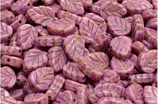 OUTLET 10 grams Mint Leaf Beads, 10 x 8 mm, White Travertin Pink Spotted (02010-86800-33306), Glass, Czech Republic