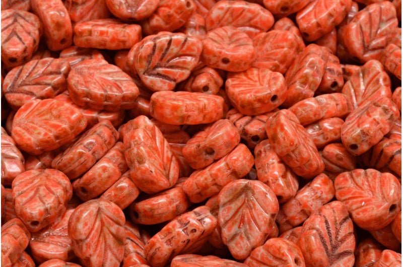 Mint Leaf Beads, White Travertin Beige Orange Spotted (02010-86800-33307), Glass, Czech Republic