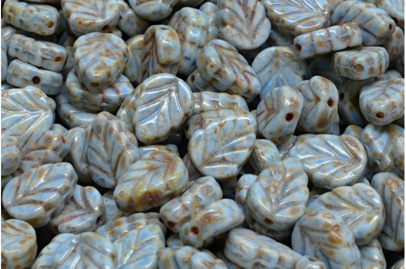 OUTLET 10 grams Mint Leaf Beads, White Travertin Blue Spotted (02010-86800-33308), Glass, Czech Republic