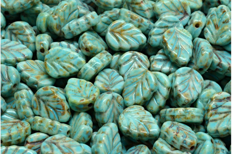 Mint Leaf Beads, White Travertin Turqouise Spotted (02010-86800-33309), Glass, Czech Republic