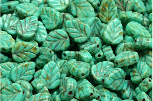 Mint Leaf Beads, White Travertin Turqouise Spotted (02010-86800-33310), Glass, Czech Republic