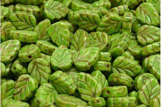 Mint Leaf Beads, White Travertin Green Spotted (02010-86800-33311), Glass, Czech Republic