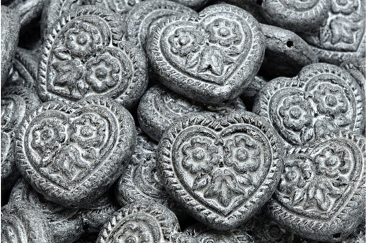 Heart with Folklore Flowers Beads, Black Silver Gray (23980-34301), Glass, Czech Republic
