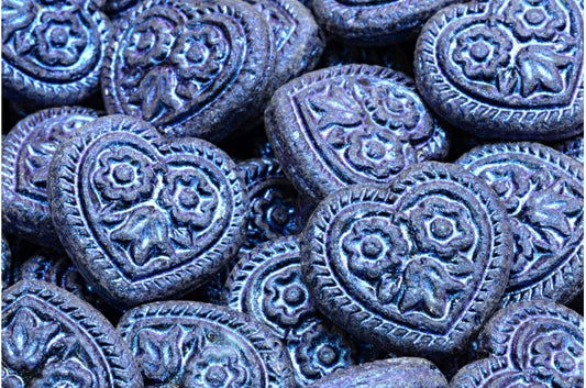 Heart with Folklore Flowers Beads, Black Blue Iridiscent (23980-86966), Glass, Czech Republic