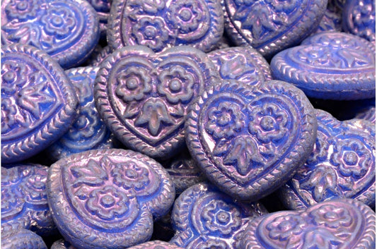 Heart with Folklore Flowers Beads, Opal Blue Purple (31010-15726), Glass, Czech Republic