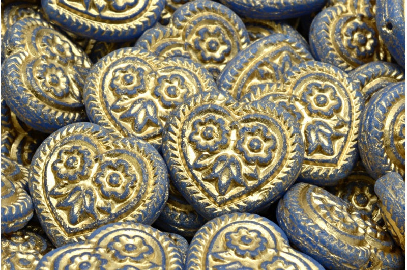 OUTLET 10 克心形民间传说花朵珠子，17 x 17 毫米，蛋白石蓝金衬里 (31010-54302)，玻璃，捷克共和国