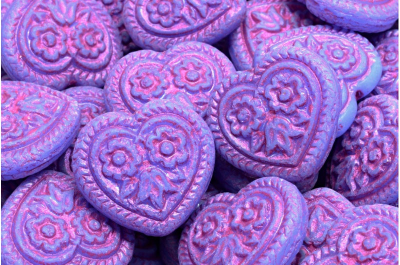 Heart with Folklore Flowers Beads, Opal Blue Pink Lined (31010-43807), Glass, Czech Republic
