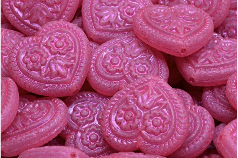 アウトレット 10グラム ハートとフォークロアフラワービーズ、17 x 17 mm、オパールピンクピンクライン（71010-43807）、ガラス、チェコ共和国