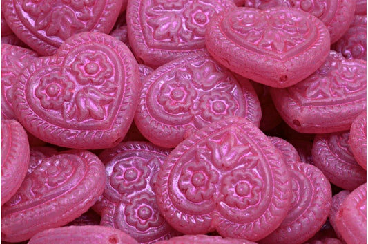 アウトレット 10グラム ハートとフォークロアフラワービーズ、17 x 17 mm、オパールピンクピンクライン（71010-43807）、ガラス、チェコ共和国