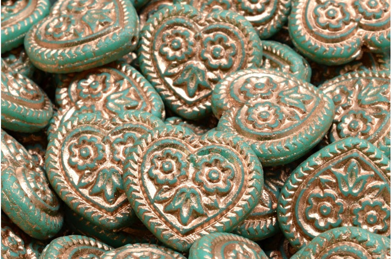 OUTLET 10 grams Heart With Folklore Flowers Beads, 17 x 17 mm, Turquoise Copper Lined (63130-54307), Glass, Czech Republic