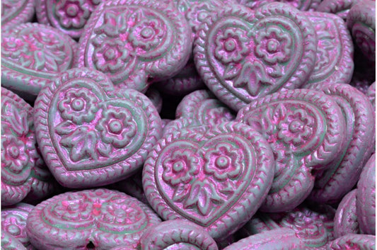 Heart with Folklore Flowers Beads, Turquoise Pink Lined (63130-43807), Glass, Czech Republic