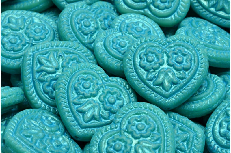 OUTLET 10 grams Heart With Folklore Flowers Beads, 17 x 17 mm, Turquoise Light Blue Lined (63130-43811), Glass, Czech Republic