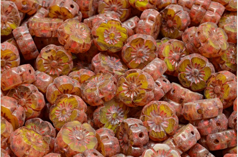 桌切夏威夷花珠，黄色石灰华米色橙色斑点 (R0812-86800-33307)，玻璃，捷克共和国