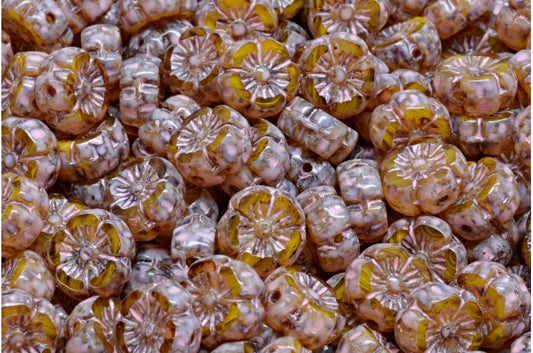 Table Cut Hawaii Flower Beads, Yellow Travertin Warm Purple Spotted (R0812-86800-33304), Glass, Czech Republic