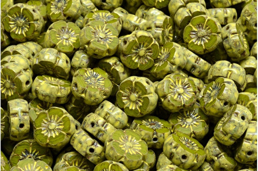 Table Cut Hawaii Flower Beads, Green Travertin Beige Yellow Spotted (R0542-86800-33303), Glass, Czech Republic