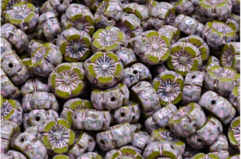 テーブルカットハワイフラワービーズ、グリーントラバーチン、ウォームパープルスポット（R0542-86800-33304）、ガラス、チェコ共和国