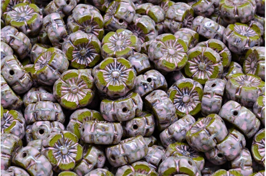 夏威夷花形桌切珠，绿石灰华暖紫色斑点 (R0542-86800-33304)，玻璃，捷克共和国