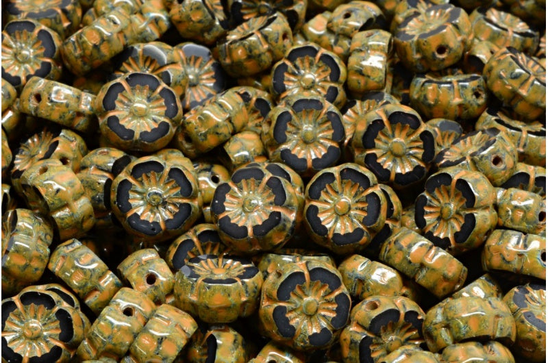 Table Cut Hawaii Flower Beads, Black Travertin Orange Spotted (23980-86800-33302), Glass, Czech Republic