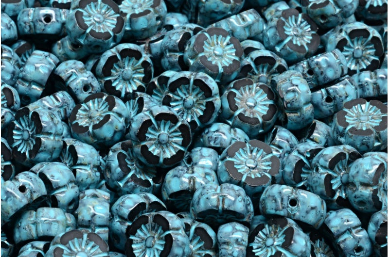 Table Cut Hawaii Flower Beads, Black Travertin Turqouise Spotted (23980-86800-33309), Glass, Czech Republic