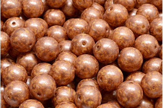 Round Druck Beads, White Light Orange Copper Splash (02010-84302-86750), Glass, Czech Republic