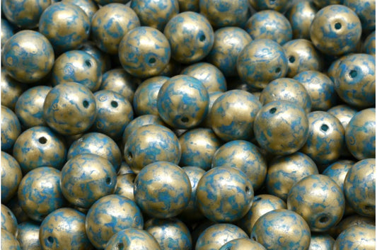 Round Druck Beads, White 84308 Gold Splash (02010-84308-86710), Glass, Czech Republic