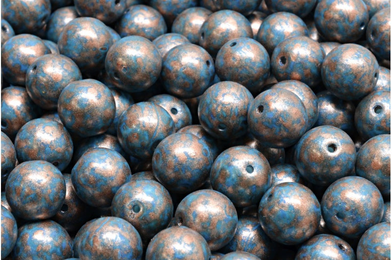 Round Druck Beads, White 84308 Copper Splash (02010-84308-86750), Glass, Czech Republic