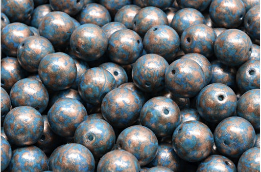 Round Druck Beads, White 84308 Copper Splash (02010-84308-86750), Glass, Czech Republic