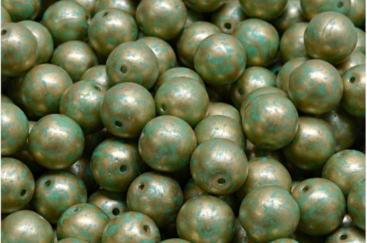 Round Druck Beads, White 84309 Gold Splash (02010-84309-86710), Glass, Czech Republic