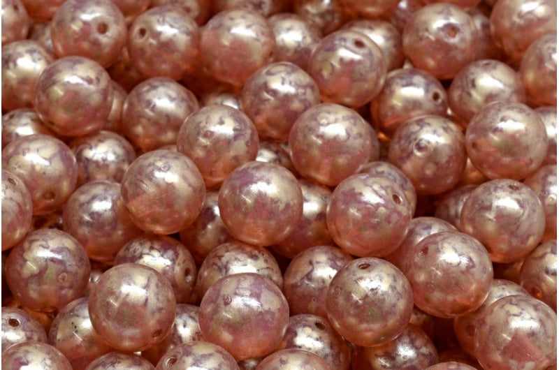 Round Druck Beads, Opal Pink Gold Splash (71010-86710), Glass, Czech Republic