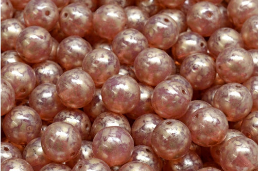 Round Druck Beads, Opal Pink Gold Splash (71010-86710), Glass, Czech Republic